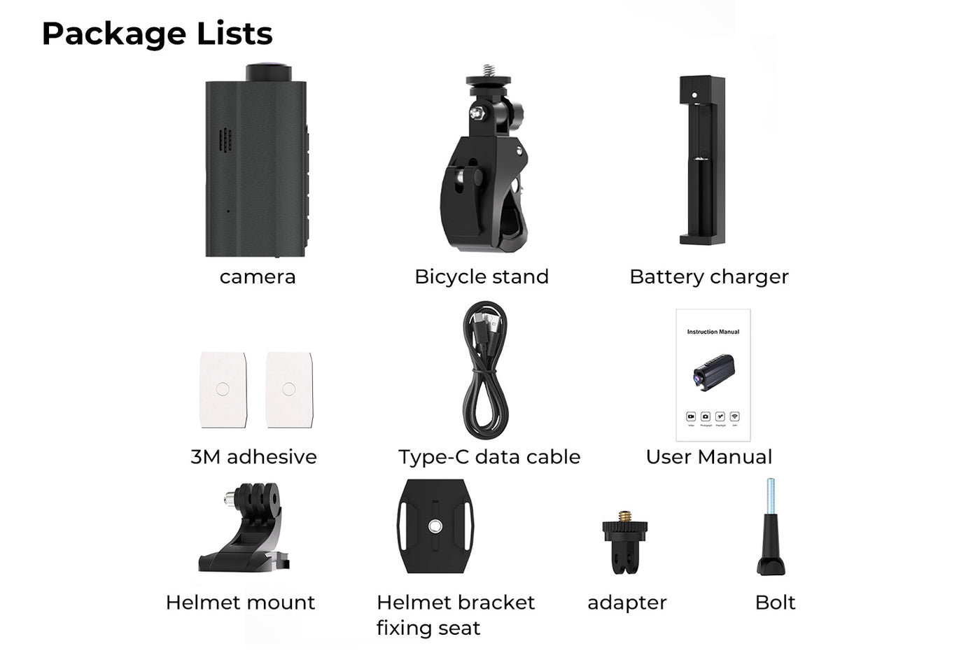 5K Ebike action camera package contents: mounts, charger, and user manual.