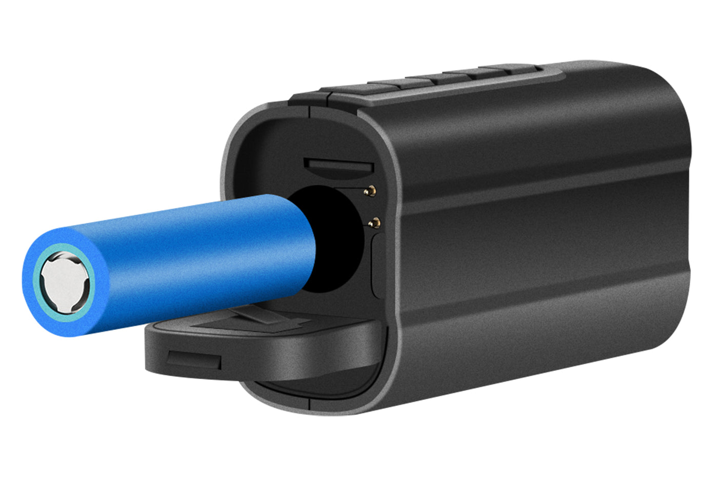 5K ebike action camera battery compartment with blue rechargeable battery installed.