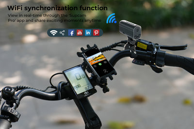 Ebike camera setup with smartphone on handlebars for WiFi syncing and recording.