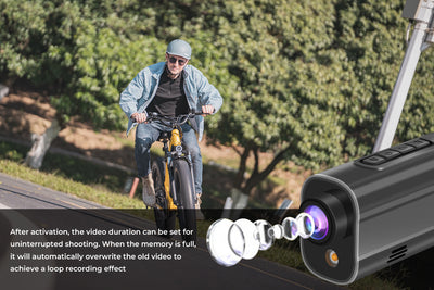 Cyclist on yellow e-bike with 5K action camera, showcasing loop recording feature.