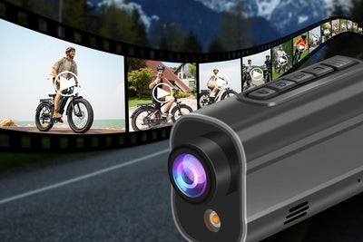 Black 5K ebike action camera showcasing video playback featuring cyclists.