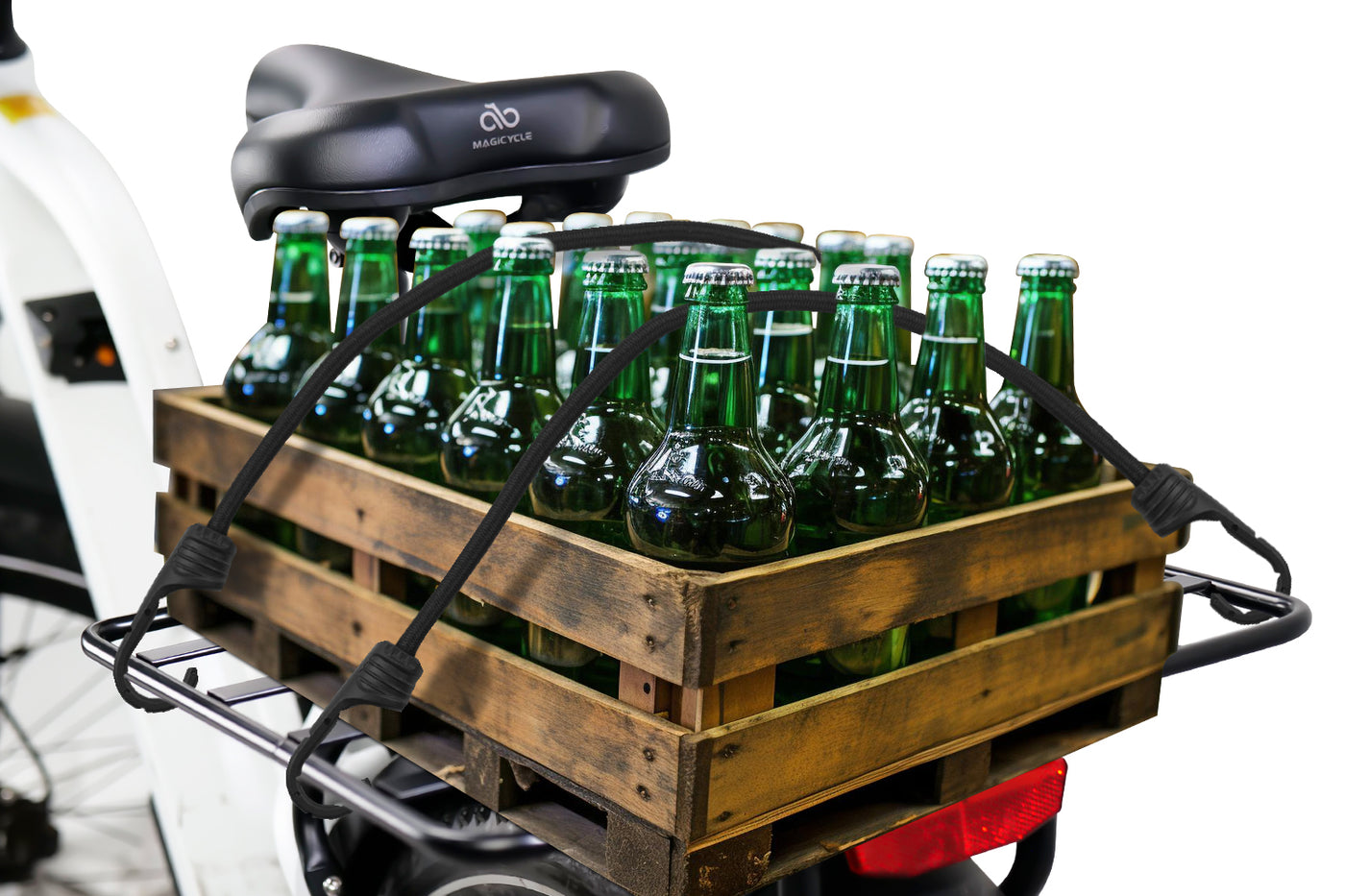 Wooden crate on ebike rack holding green bottles, ideal for cargo transport.