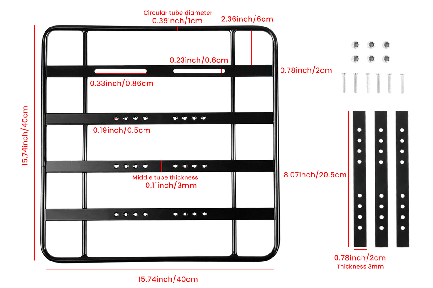 Dimensions and installation components of a black aluminum ebike platform rack.