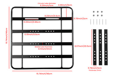 Dimensions and installation components of a black aluminum ebike platform rack.