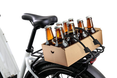 Ebike platform rack with a box of drinks for easy cargo transport.