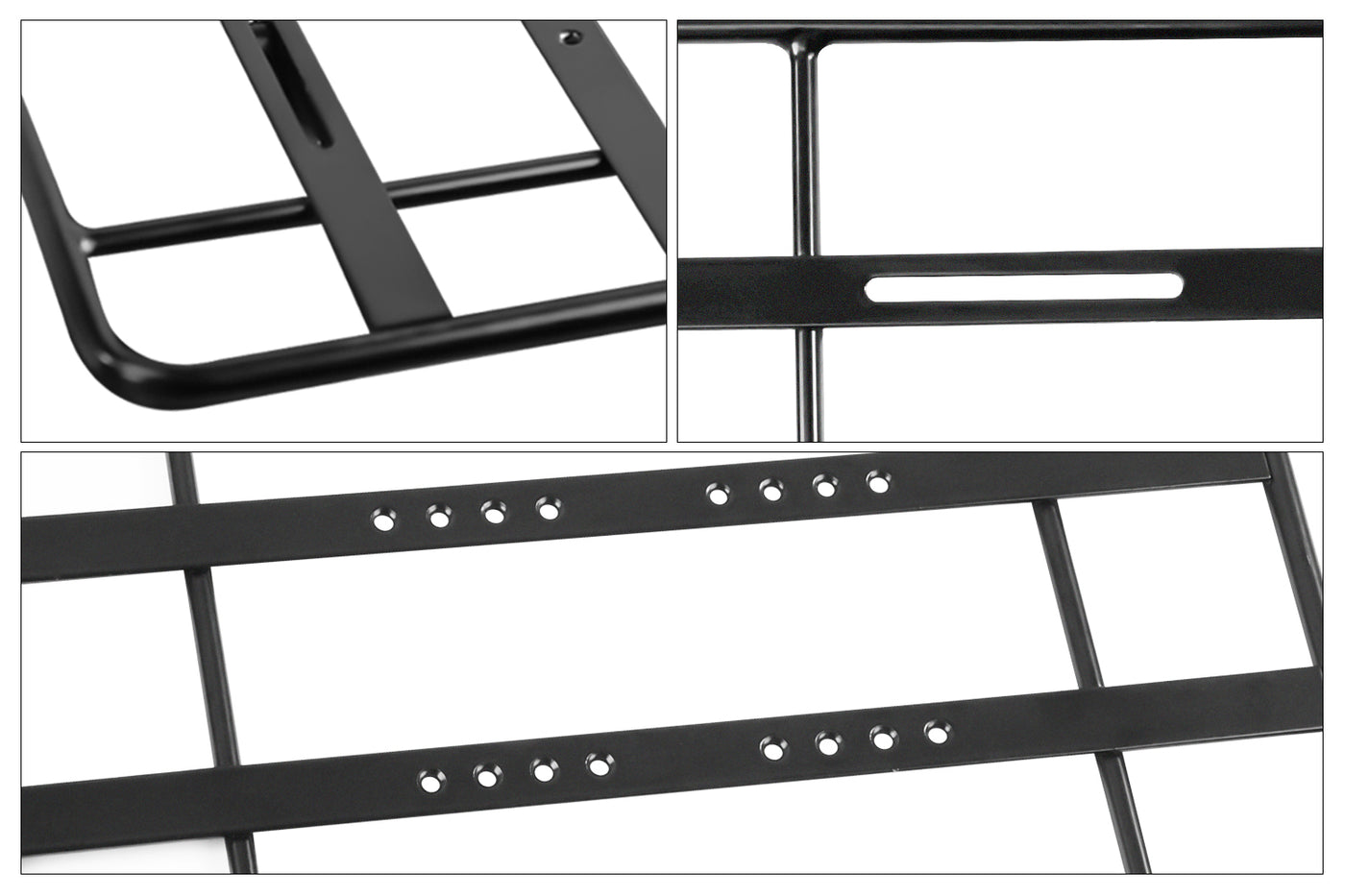 Black aluminum ebike platform rack showing multiple installation slots and pre-drilled holes.