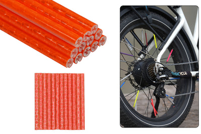 36 orange reflective spoke covers for e-bike safety and night visibility.