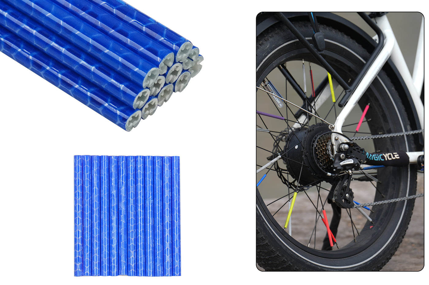 Blue reflective spoke covers for bike safety, improving night visibility.