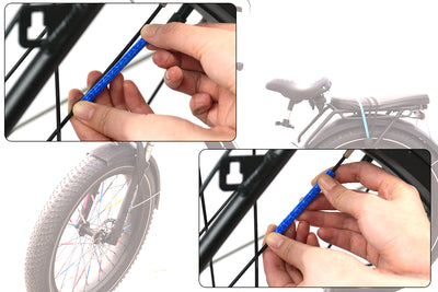 Installing blue reflective spoke cover for enhanced safety on electric bike spokes.