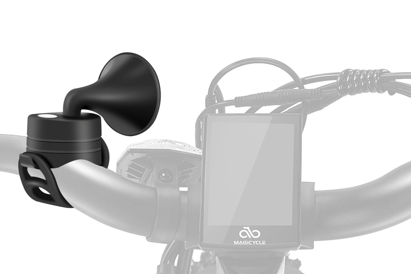 Black 120dB electric bike horn mounted on handlebars for safe cycling.