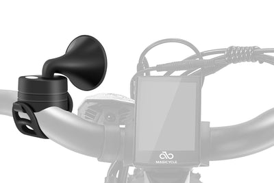 Black 120dB electric bike horn mounted on handlebars for safe cycling.