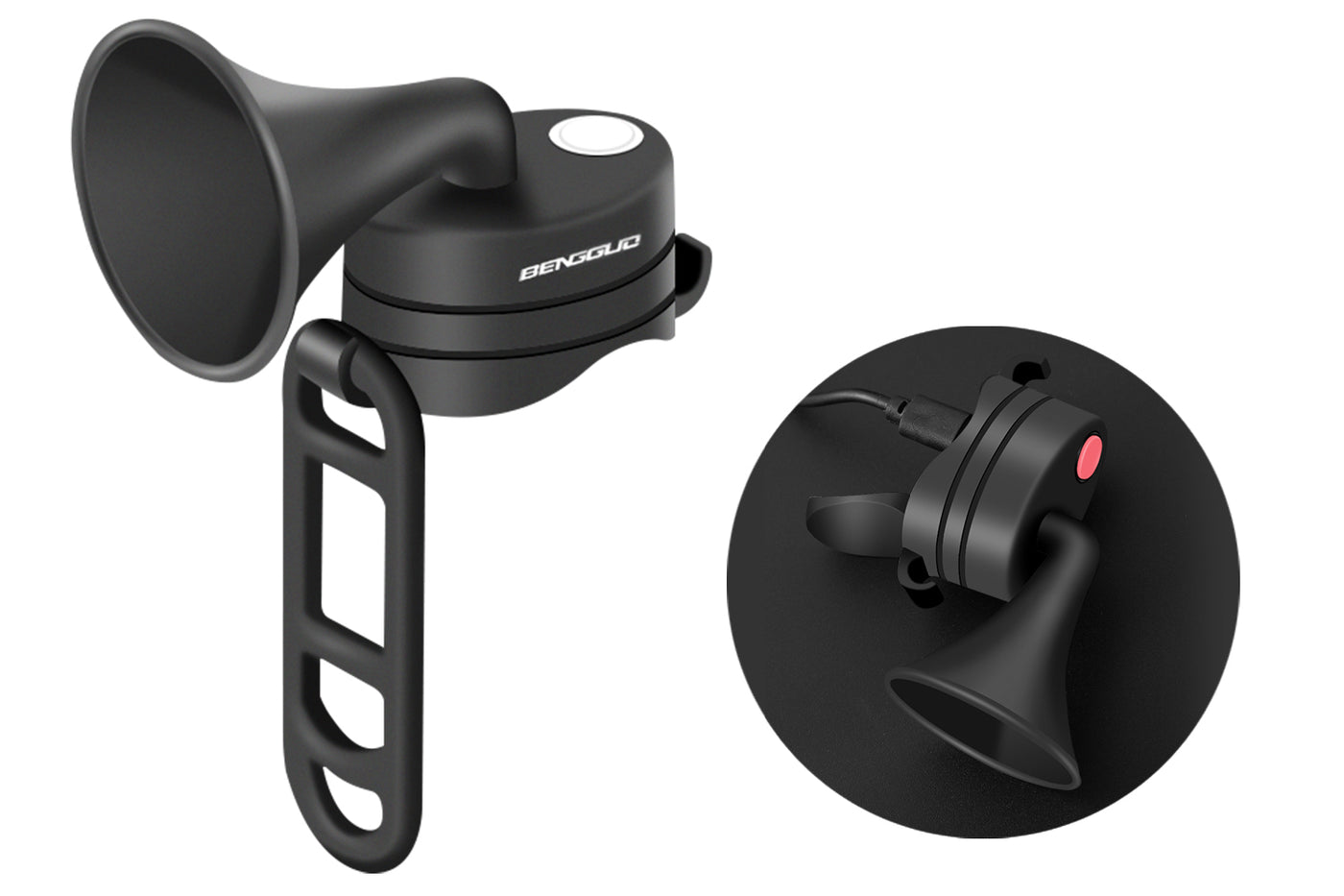 Compact black 120dB electric horn for bicycles with easy install feature.