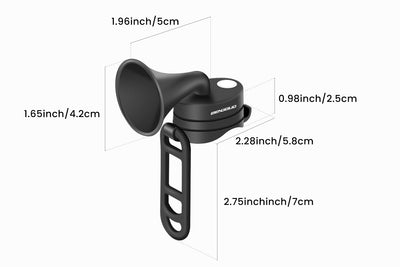 Compact black 120dB electric bike horn with size dimensions for handlebars.