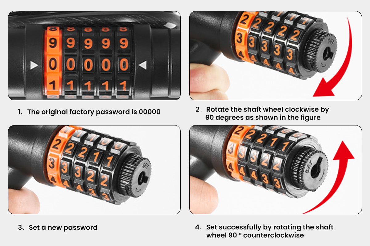 WestBiking bike lock combination password reset instructions with numbered dial.