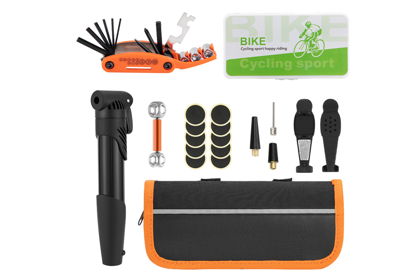 Portable bike repair tool kit with pump, multi-tool, and tire levers