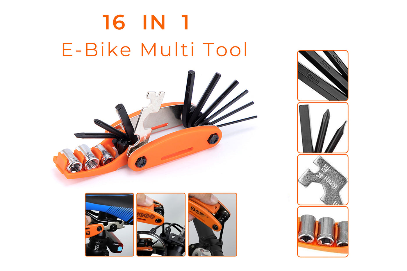 16-in-1 e-bike multi-tool with various screwdrivers and sockets for quick bike repairs