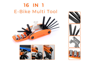 16-in-1 e-bike multi-tool with various screwdrivers and sockets for quick bike repairs