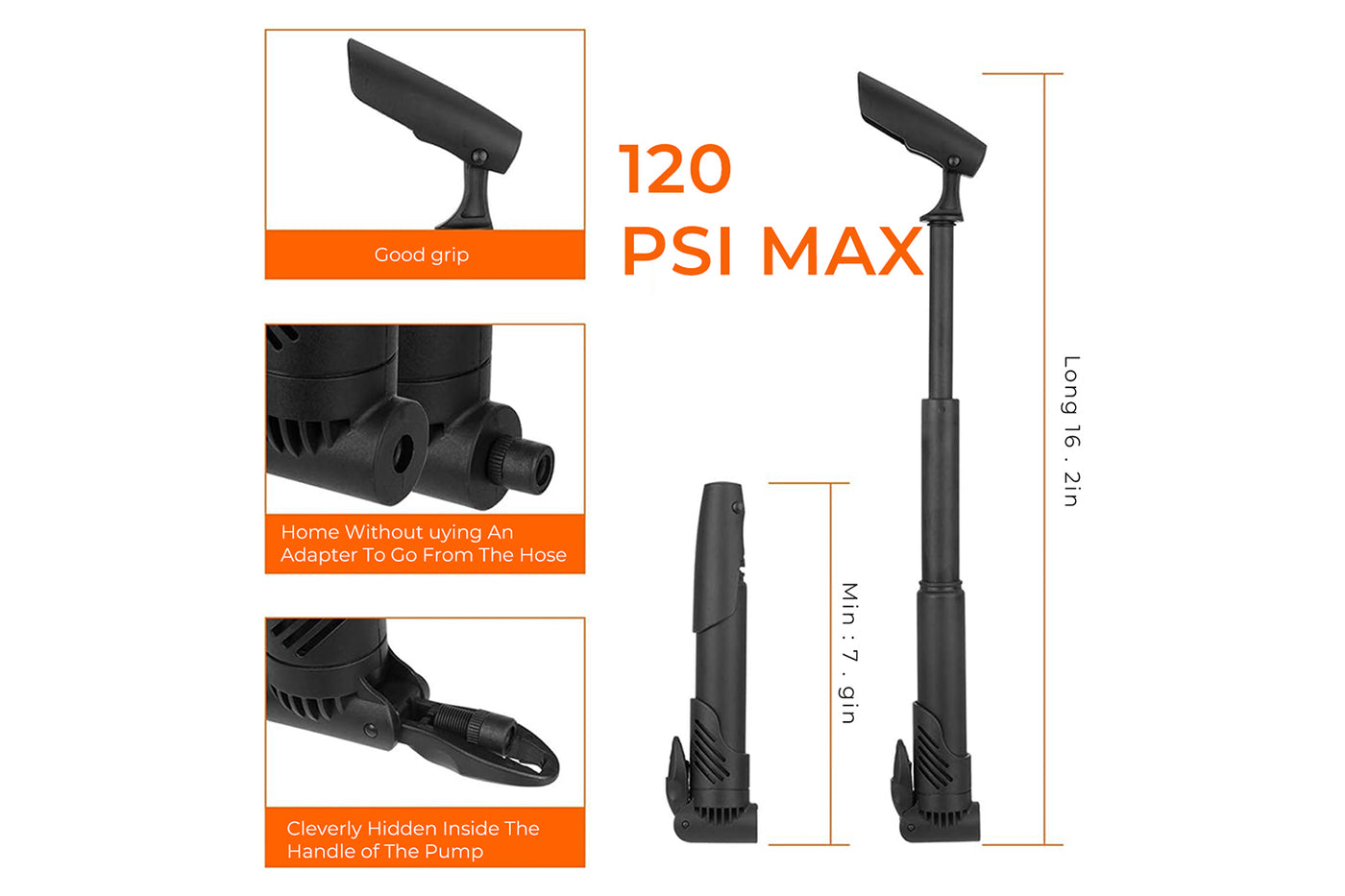 Mini bike pump with 120 PSI capacity and adjustable length for easy tire inflation