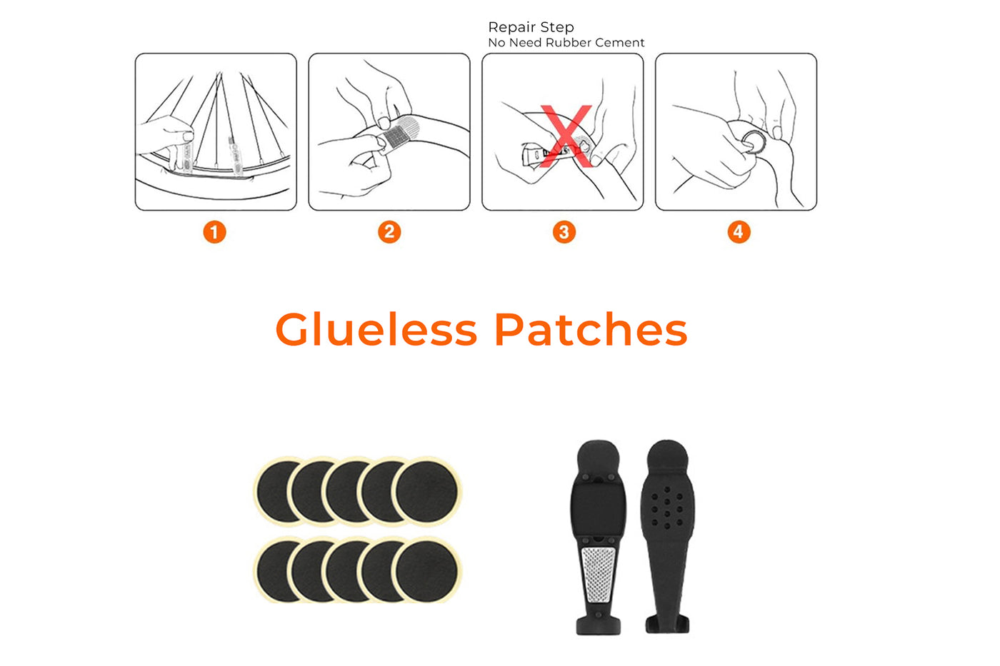 Step-by-step guide for using glue-free patches on bicycle tires.