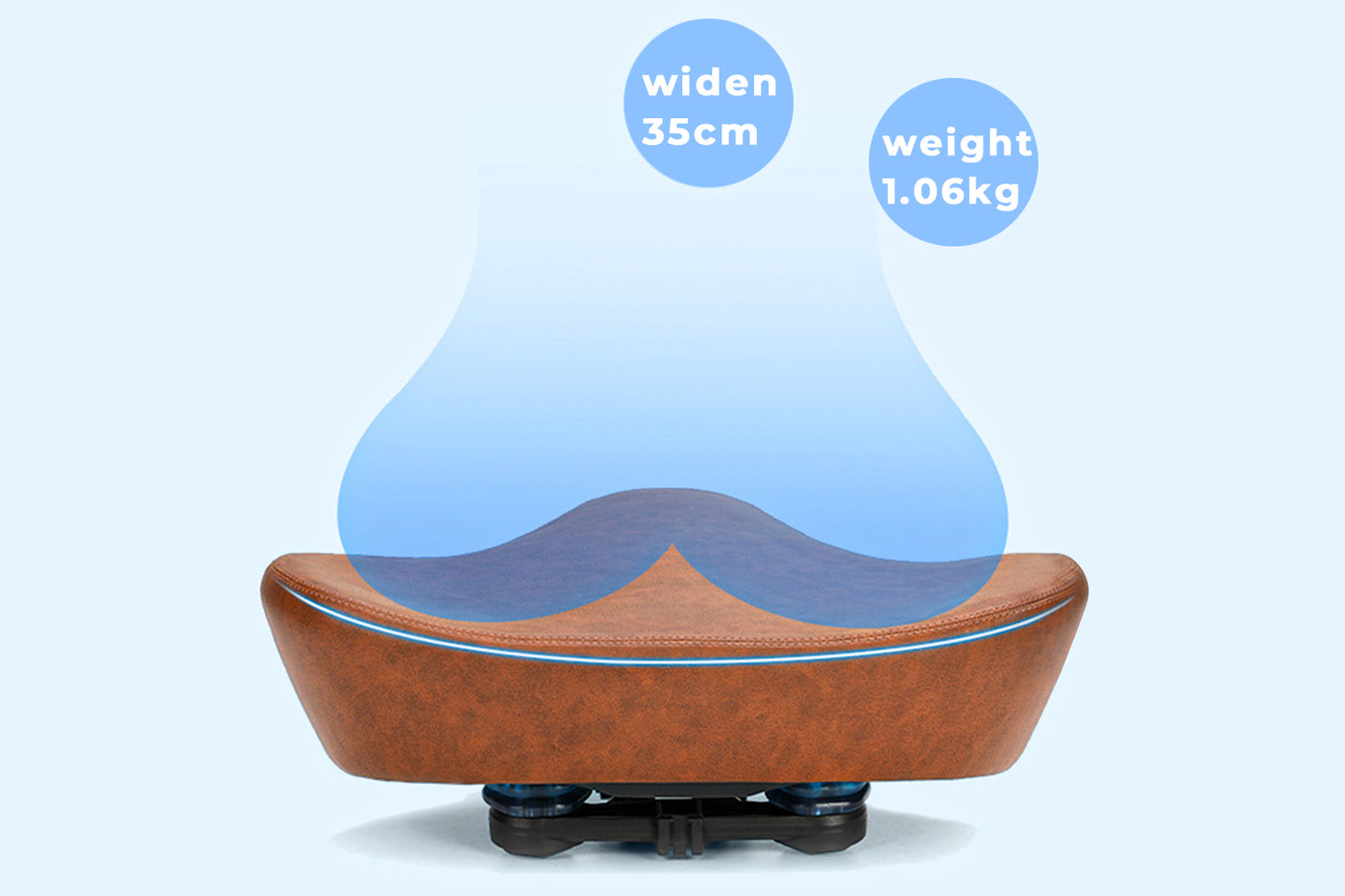 Brown short-nose ebike seat cushion dimensions: 35cm wide, 1.06kg weight.