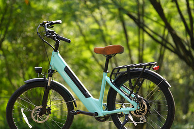 Magicycle ebike with brown ergonomic short-nose seat cushion in nature setting