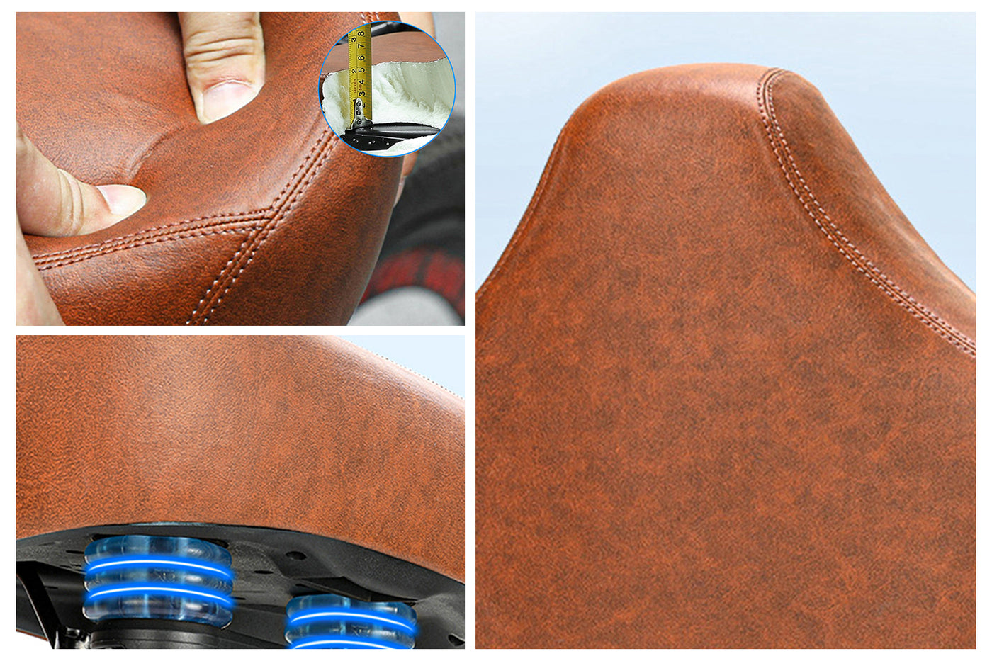 Brown ergonomic short-nose bike seat cushion focusing on texture and gel spring design