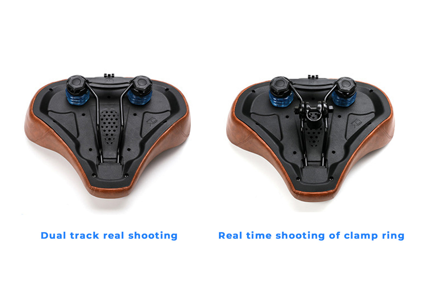 Brown ergonomic ebike seat cushion showcasing dual track and clamp ring mounting options