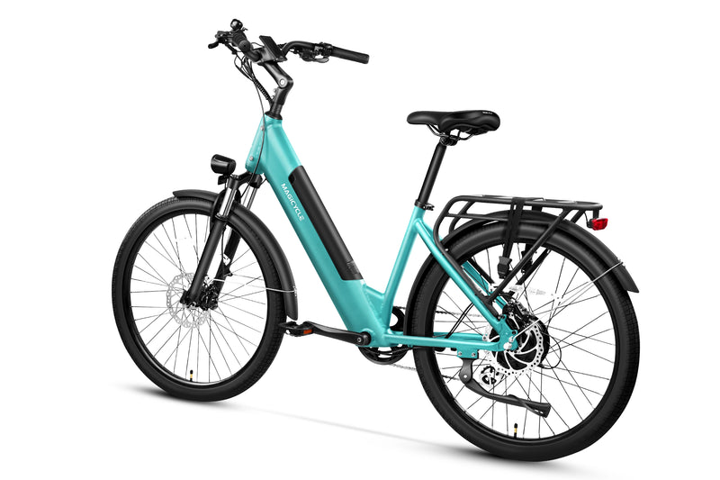 Teal Magicycle CT-1 Commuter Ebike with modern frame and rear rack for city commuting.