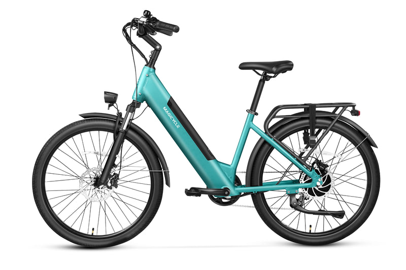 Teal Magicycle CT-1 Commuter Ebike featuring torque sensor and rear rack for city commuting.