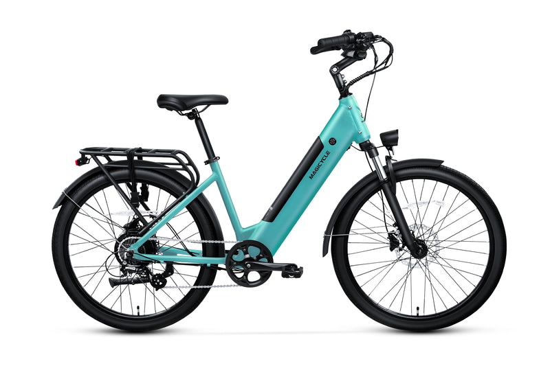 Teal Magicycle CT-1 Commuter Ebike with torque sensor and rear rack for urban commuting.