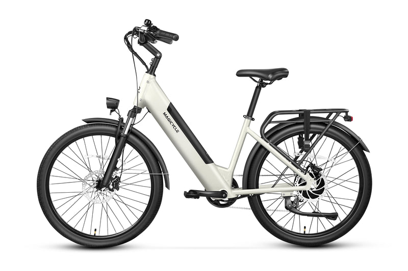 Magicycle CT-1 Electric Commuter Bike with torque sensor and rear rack in white color.