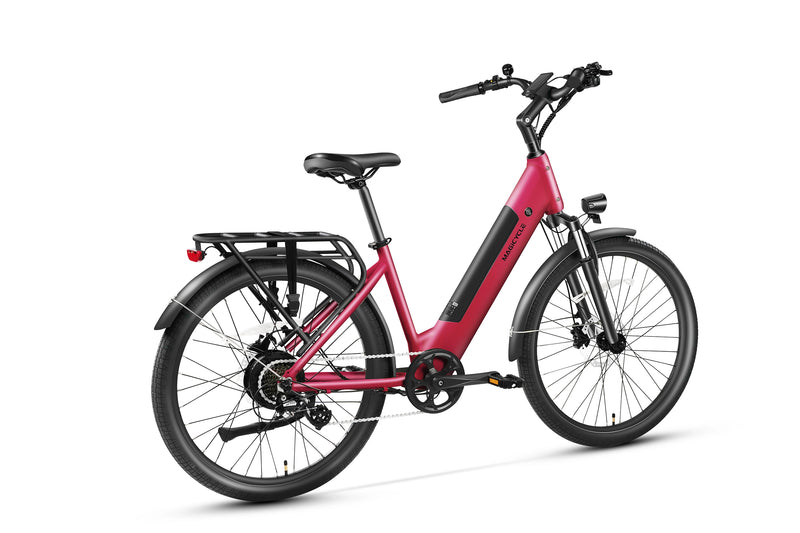 Magicycle CT-1 Commuter Ebike in vibrant pink with rear rack for city commuting.