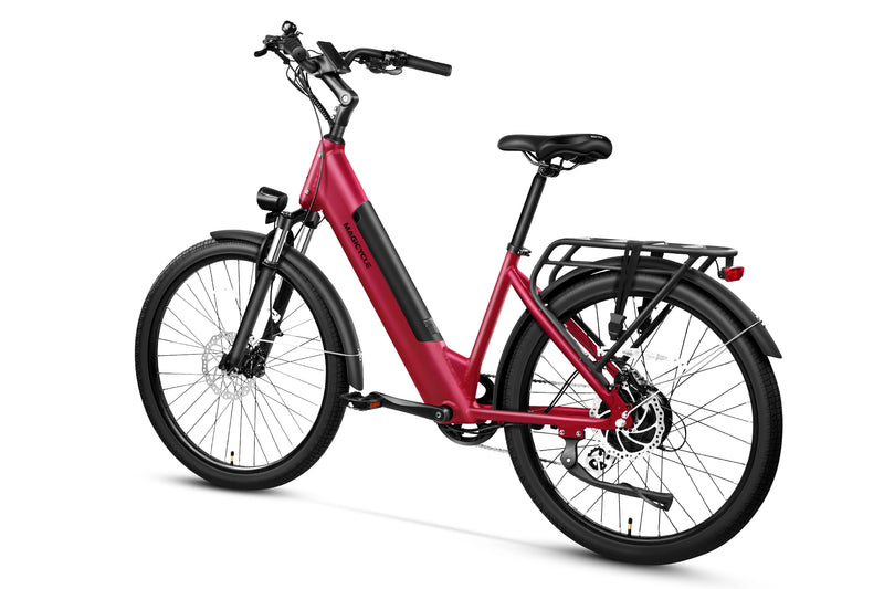 Magicycle CT-1 electric commuter bike in red with sturdy frame and rear rack.