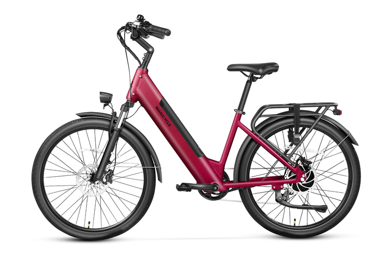 Maroon Magicycle CT-1 ebike with rear rack, designed for urban commuting.