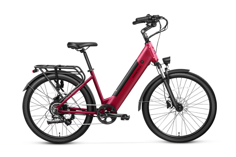 Magicycle CT-1 Commuter Ebike in red with torque sensor and rear rack for urban travel.