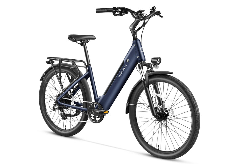 Magicycle CT-1 Commuter Torque Sensor Ebike in dark blue with rear rack.