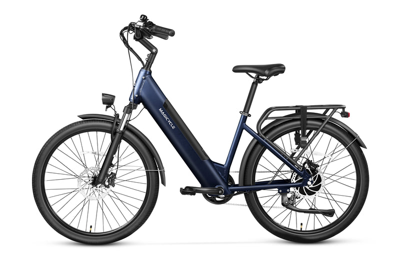 Magicycle CT-1 electric commuter bike in dark blue with torque sensor and rear rack.