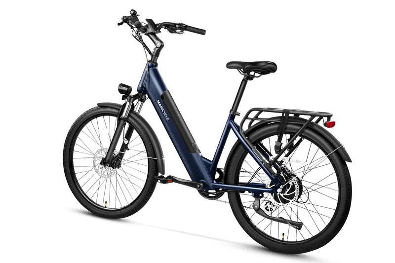 Dark blue Magicycle CT-1 commuter ebike with torque sensor and rear rack for city travel.