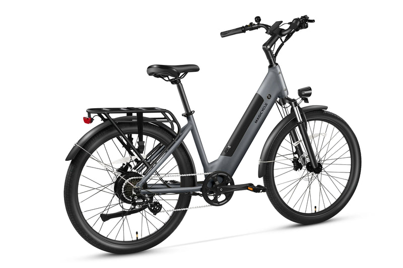 Sleek gray Magicycle CT-1 commuter ebike with rear rack for urban travel.