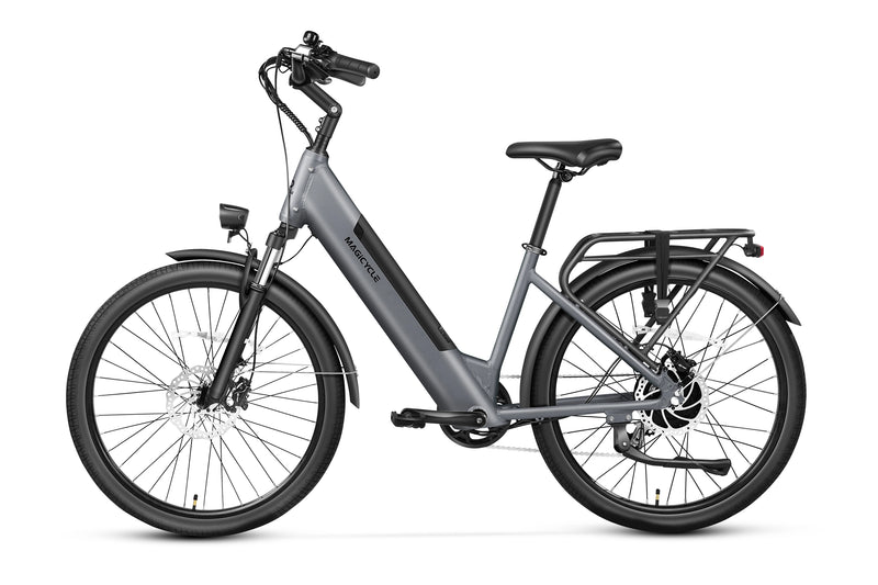 Gray Magicycle CT-1 Commuter Ebike with low-step frame and rear rack for urban commuting.