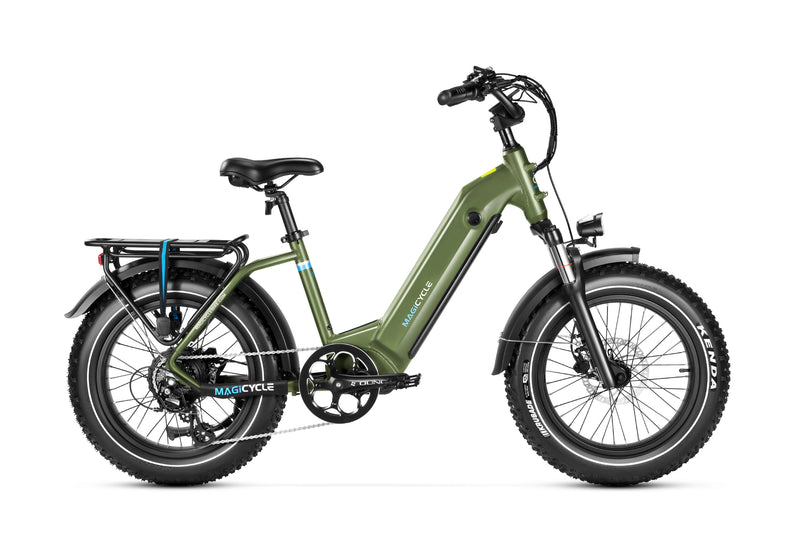 Green Magicycle Ocelot Pro 2.0 fat tire electric bike with rear rack and wide tires