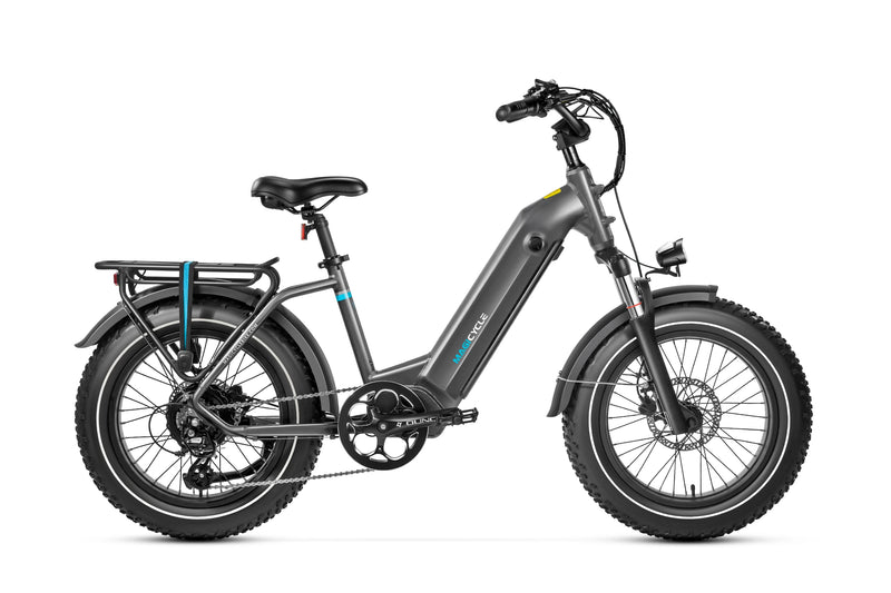 Gray Magicycle Ocelot Pro 2.0 fat tire electric bike featuring sturdy design.