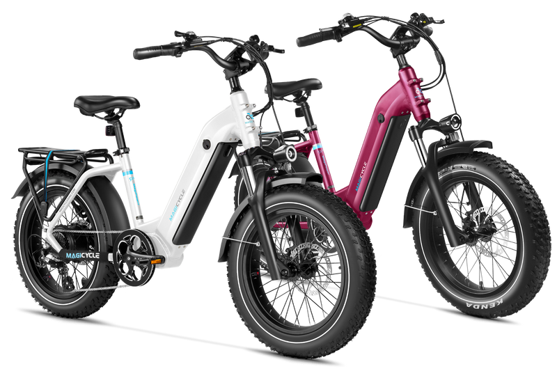 Magicycle Ocelot Pro 2.0 electric bikes in white and pink colors