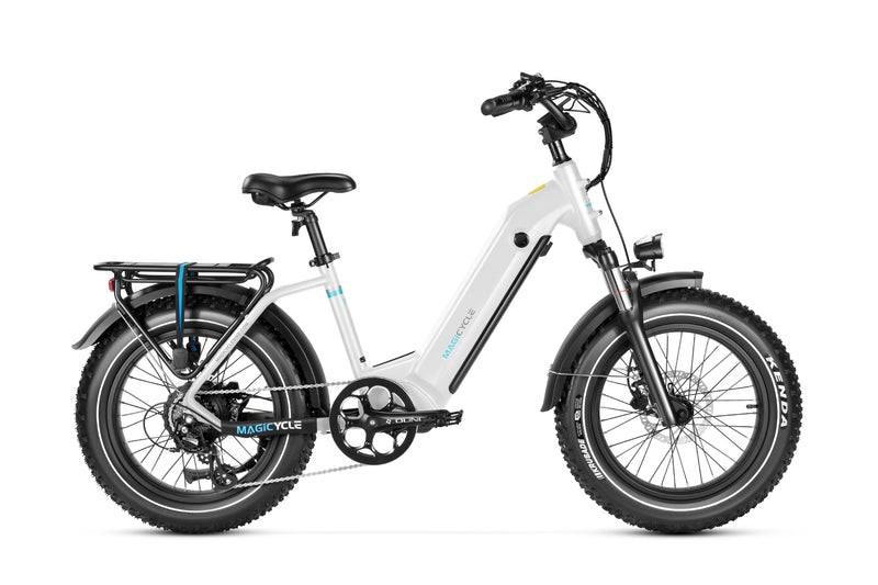 White Magicycle Ocelot Pro 2.0 fat tire electric bike with rear rack and wide tires