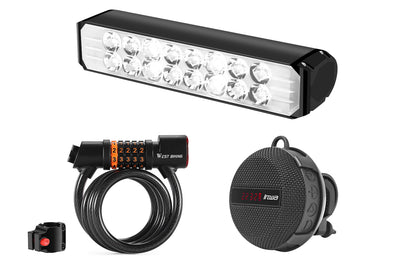 E-bike safety light, lock cable, and Bluetooth speaker accessories for cyclists