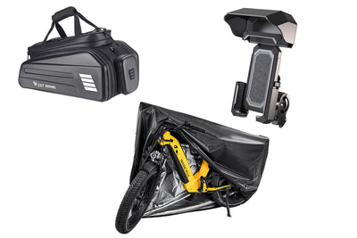 Bike storage bag, phone holder, and protective cover for Magicycle e-bike accessories.