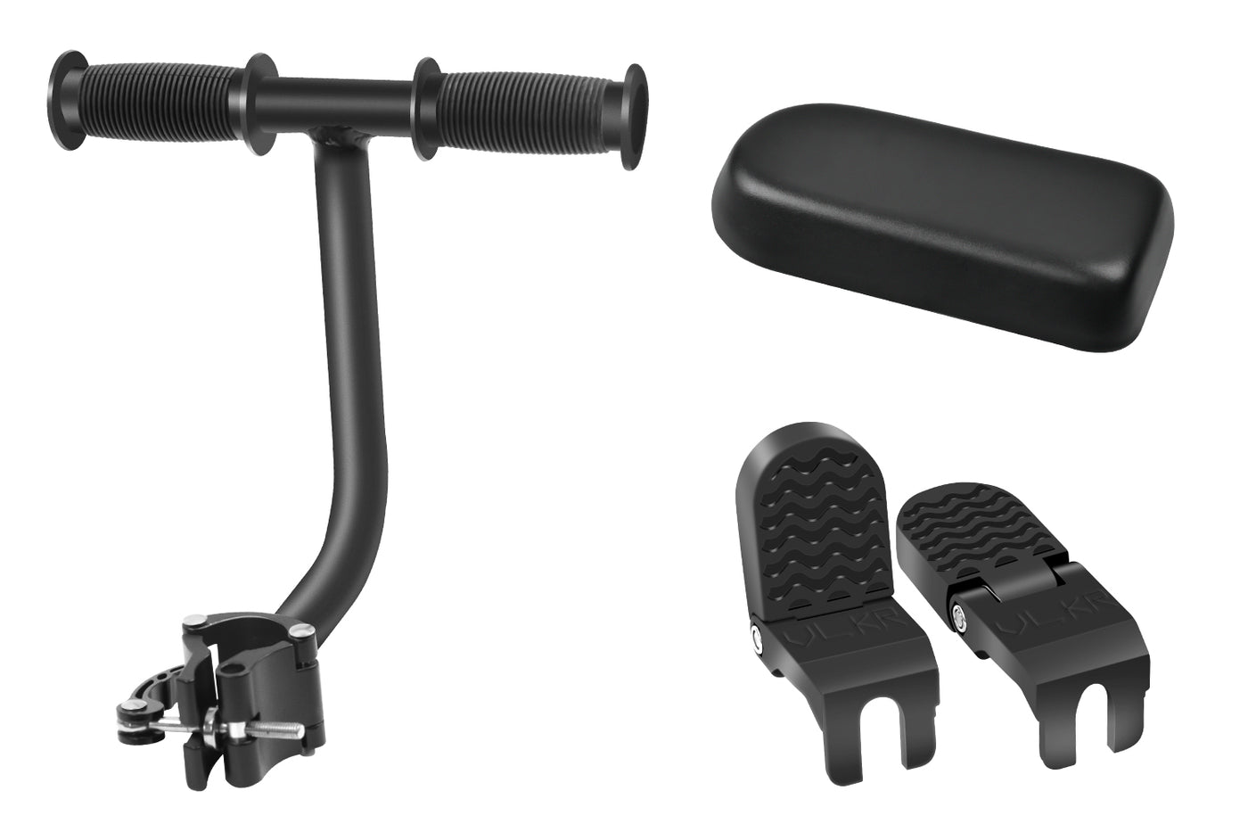 eBike Passenger Package components: handlebar armrest, seat cushion, footrests