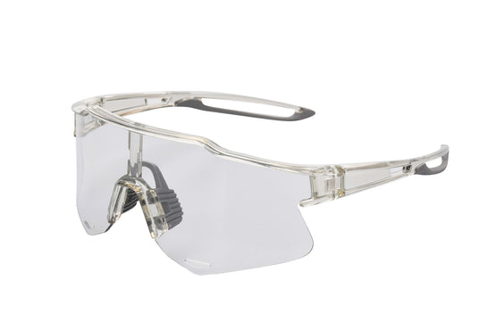 Clear photochromic cycling sunglasses with flexible frame and nose pad.