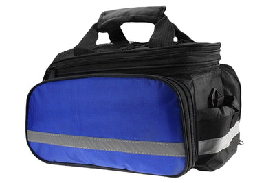 Black and blue rear bag with reflective strip for bicycles, 25L capacity