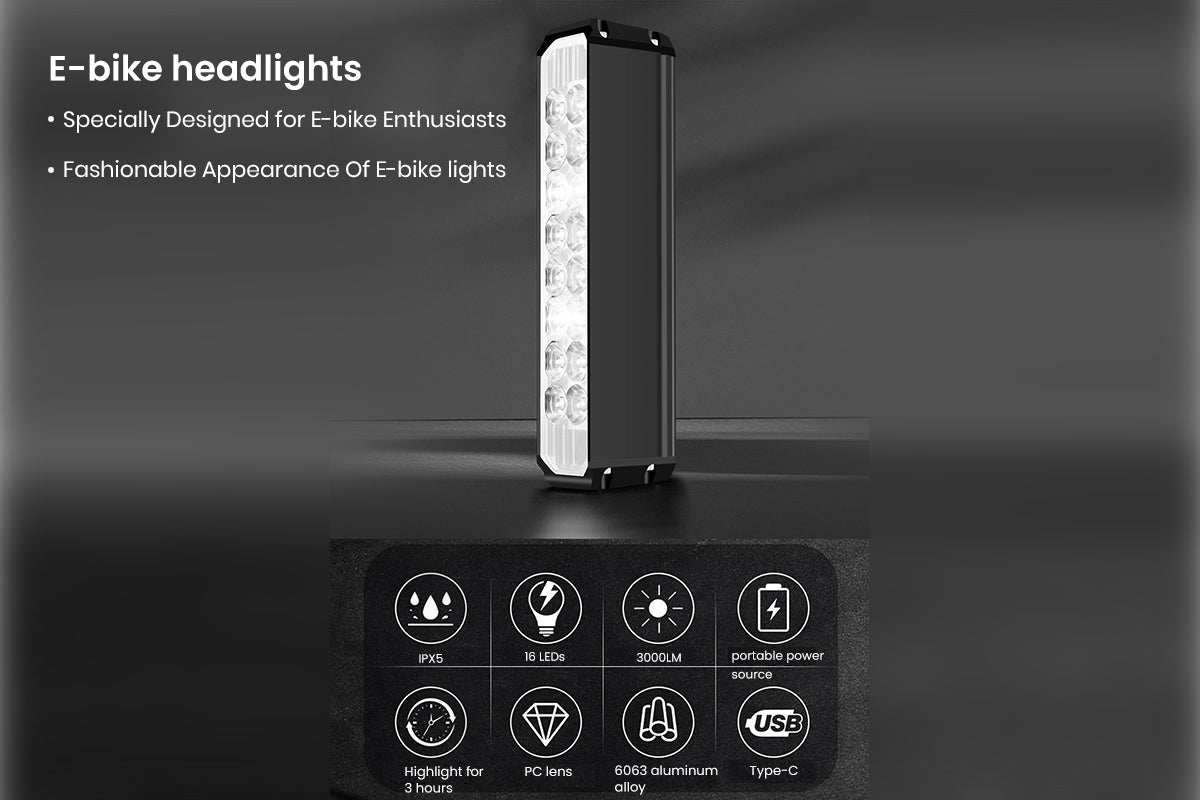 E-bike headlight with 16 LEDs, USB-C, IPX5 waterproof, aluminum design.